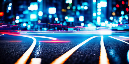 Digital data flow on road with motion blur to create vision of fast speed transfer. Concept of future digital transformation, disruptive innovation and agile business methodology. Generative AIの素材
