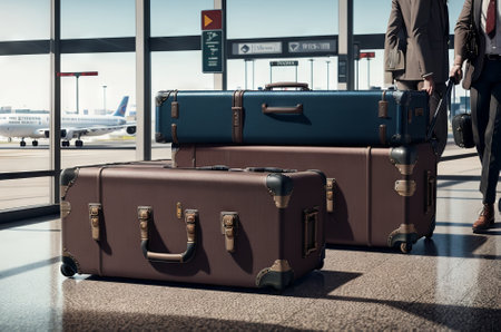 Suitcases for travel with airport on background. Concept - a long trip to travel. Bags with luggage. Semodans of a wounded look lick nearby. Vintage bags next to modern. Tourism. Generative AIの素材