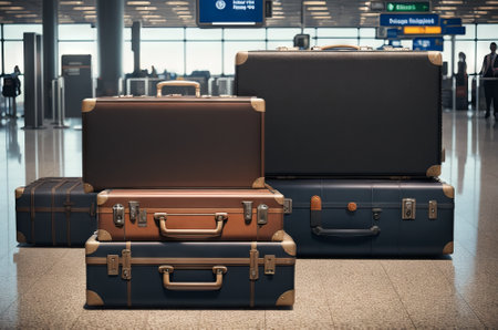 Suitcases and bags are nearby. A lot of different bags with airport on background. Concept - sale of travel bags. Collecting luggage suitcases. Travel fees. Sale of luggage for moving. Generative AIの素材