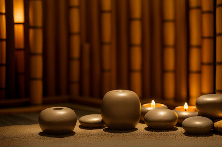 Interior with bamboo and candles for relax spa massage and body treatment. Composition with candles, spa stones and salt on wooden background. Spa and setting ready for beauty treatment. Generative AIの素材