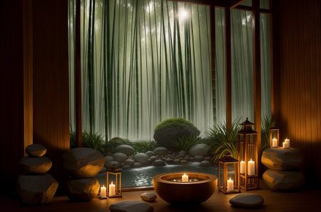 Spa beauty massage healthy wellness background. Spa Thai therapy treatment aromatherapy for body woman with aromatic nature candle for relax summer time. copy space for banner. Generative AIの素材