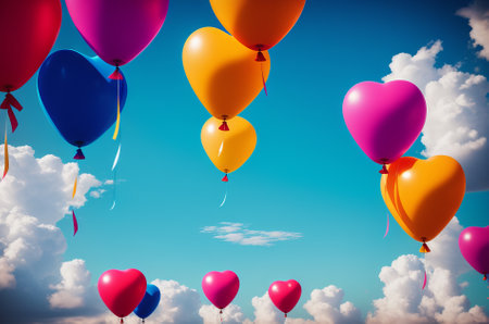 Air Balloons. Bunch of colorful pink, blue, yellow, red, green heart shaped foil balloons in blue sky sunny day. Love. Holiday celebration. Valentine's Day party decoration. Birthday. Generative AIの素材