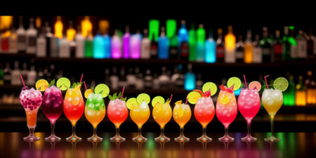 Several glasses of famous cocktail Martini, shot at a bar with dark toned foggy background and disco lights. Club drink concept. Selective focus. Generative AIの素材