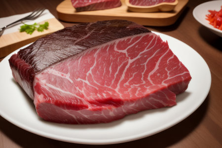 Raw meat steak. Japanese marble wagyu meat on a white plate on board with spices, rosemary and fresh cherry tomatoes. Background image, copy space. Generative AIの素材