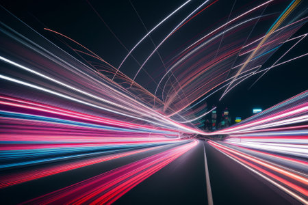 Car motion trails. Speed light streaks background with blurred fast moving light effect, blue purple colors. Racing cars dynamic flash effects city road with long exposure night lights. Generative AIの素材