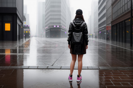 A girl standing on wet pavement in sneakers in rain puddle. Female in casual shoes and backpack, reflection on water. Concept of autumn weather, casual lifestyle. Generative AIの素材