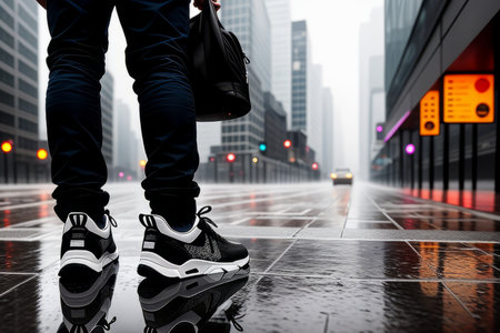 Back view. Close up view of man legs in jeans and sneakers standing in the deep puddle on a wet pavement on the street, reflection on water. Concept of autumn weather, casual lifestyle. Generative AIの素材