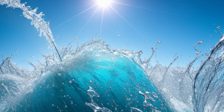 Transparent blue water splashes and wave with drops. Liquid splashing fluids with droplets, realistic elements, transparent fresh drink, clear aqua falling or pour with air bubbles. Generative AIの素材