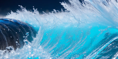 Transparent blue water splashes and wave with drops. Liquid splashing fluids with droplets, realistic elements, transparent fresh drink, clear aqua falling or pour with air bubbles. Generative AIの素材
