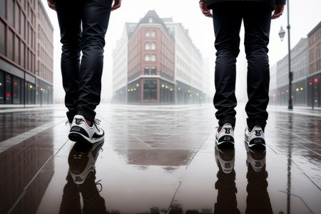 Back view. Close up view of man legs in jeans and sneakers standing in the deep puddle on a wet pavement on the street, reflection on water. Concept of autumn weather, casual lifestyle. Generative AIの素材