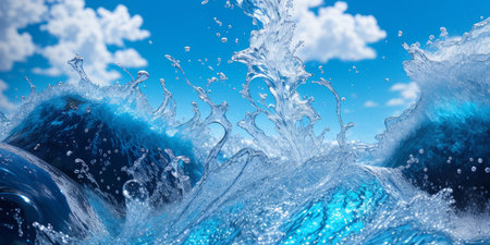 Transparent blue water splashes and wave with drops. Liquid splashing fluids with droplets, realistic elements, transparent fresh drink, clear aqua falling or pour with air bubbles. Generative AIの素材