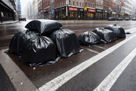 Pile of garbage bags that lie on the ground on the street of a rainy modern city. A bunch of trash thrown on the road. neon lights. environmental pollution. garbage problem. Generative AIの素材