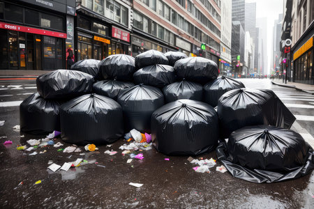Pile of garbage bags that lie on the ground on the street of a rainy modern city. A bunch of trash thrown on the road. neon lights. environmental pollution. garbage problem. Generative AIの素材
