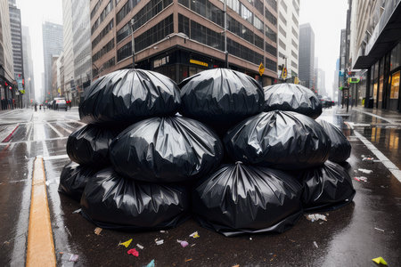 Pile of garbage bags that lie on the ground on the street of a rainy modern city. A bunch of trash thrown on the road. neon lights. environmental pollution. garbage problem. Generative AIの素材