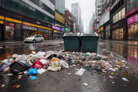 There is a mess and garbage everywhere on the street near trash container bin. Municipal cleaning an ecology. Generative AIの素材