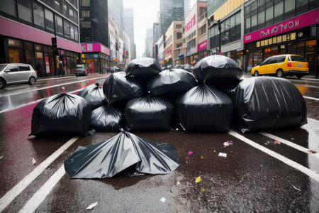 Three large, dense, plastic black bags, full of garbage inside, lie on the sidewalk for be taken away by the rubbish keeper. Pile of garbage on the footpath at sidewalk, pollution trash. Generative AIの素材