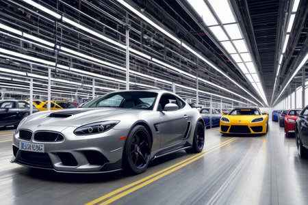 Movement of vehicles along the production line at the plant. Car Assembly by parts. Automobile manufacturing production industrial machine, smart factory and industry 4.0 concept. Generative AIの素材