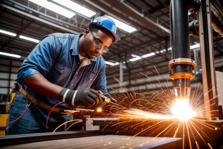 African mechanical engineer working for maintenance or repairing robotic welding machine in factory. Maintenance and repairing work in modern industry concept. Generative AIの素材