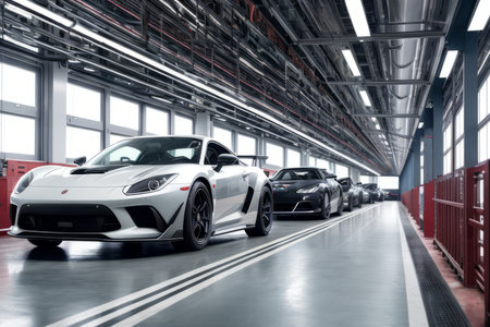 Movement of vehicles along the production line at the plant. Car Assembly by parts. Automobile manufacturing production industrial machine, smart factory and industry 4.0 concept. Generative AIの素材