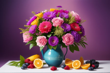 Bouquet of beautiful colorful yellow, pink, majenta and blue fresh summer flowers in a glass and ripe red strawberries, oranges, blackberries and blueberries on a table. Generative AIの素材