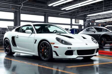 Car in showroom. Automobile manufacturing production industrial machine, smart factory and industry 4.0 concept. Generative AIの素材