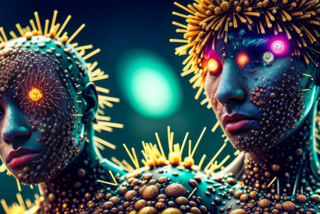 Virus or bacteria infection represented by a human with pseudo x-ray image of head and body with virus cells attacking the patient to a state of dangerous respiratory illness. Abstract. Generative AIの素材