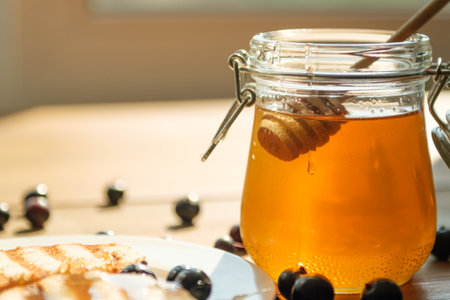 A wooden dipper is seen immersing in a jar of golden honey, casting delightful reflections in the sunlight, surrounded by fresh blueberries on a plate.の写真素材