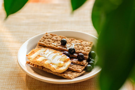 A plate holds crunchy crackers topped with grilled cheese and fresh blueberries, placed in a sunny, inviting space with greenery around.の写真素材