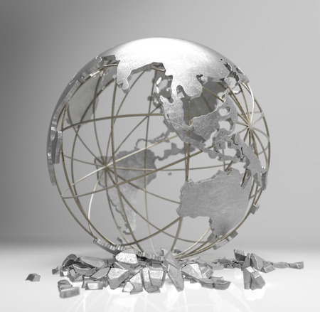 metal globe 3d render show the concept of earth crisis , global warming , economic crisisの写真素材