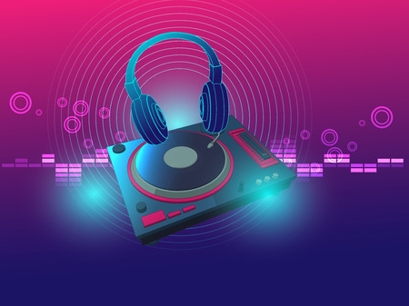 headphone dj turntable techno background vector illustration for techno dance musicのイラスト素材
