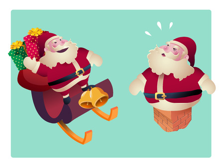 santa claus in sleigh and santa claus get stuck in chimney for use in banner or web graphicのイラスト素材