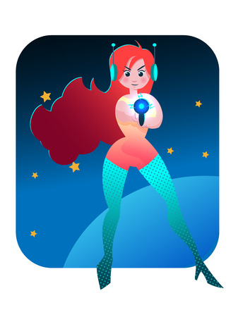 illustration of super hero with her gun standing on outer space backgroundのイラスト素材