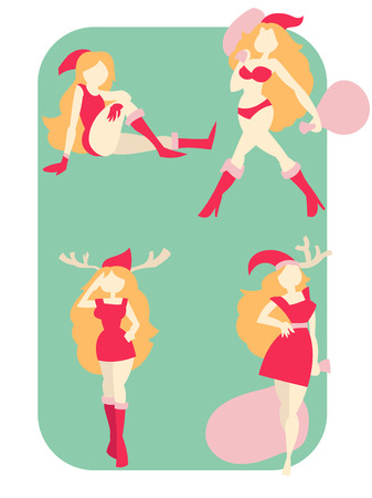 set of  blonde girl dressed as Santa Claus on green backgroundのイラスト素材