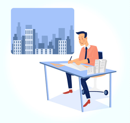architect working on blueprint with office building background vector illustrationのイラスト素材