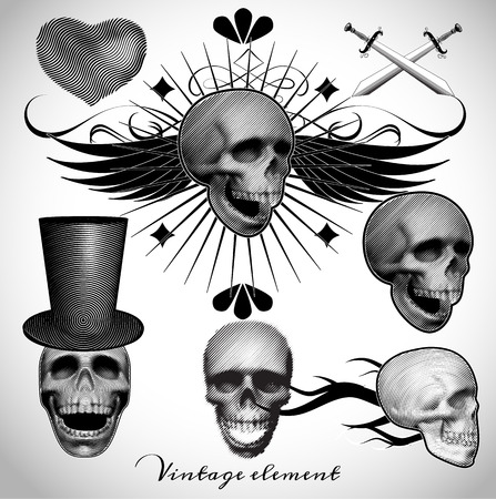 set of vintage skull tattoo vector illustration  in classic engraving style for use as for racing team , sport club,music bandのイラスト素材