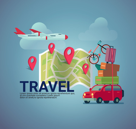 flat design travel  banner background ,different way of transportation,by airplane,by car and check in icon on map .のイラスト素材