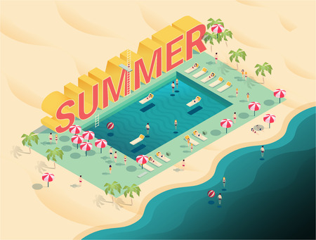 isometric letters summer text with pool and ocean vector illustration,people enjoy beach and pool party with swimming pool, chaise lounges,parasol umbrellas,beach ballのイラスト素材
