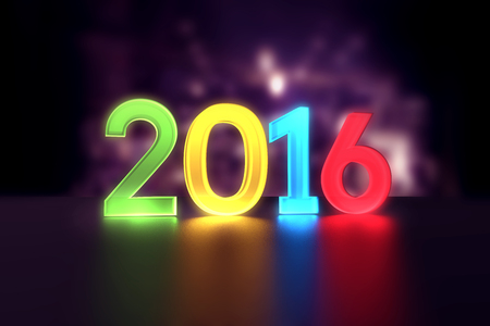 happy new year 2016 neon glow letters on reflective surface 3d render illustrationの写真素材