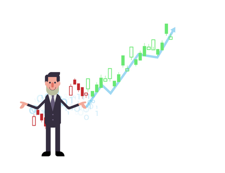 business man  standing confidently infront of rising stock market chart vector illustration background represent up trend of stock marketのイラスト素材