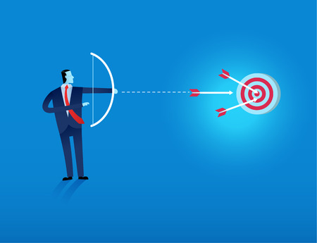 business man shooting arrow to target vector illustration represent Business excellence, corporate performance management, and achieving goals concept consisting of many targets and three arrows hitting the center of the objective.のイラスト素材