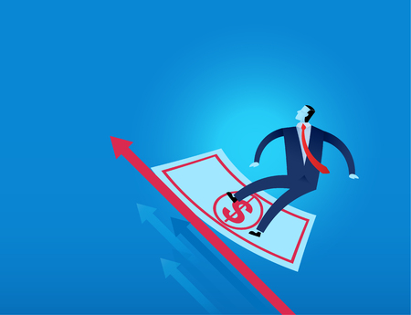 businessman surf over US dollar bank note and financial graph vector illustration represent financial riskのイラスト素材