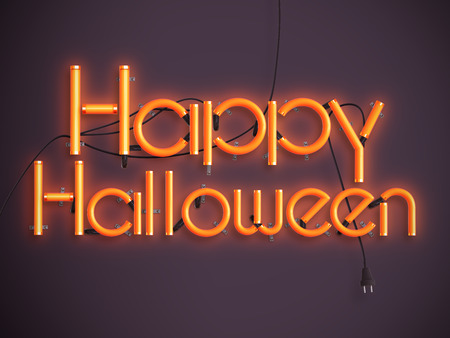 happy halloween glowing neon text 3d illustrationの写真素材