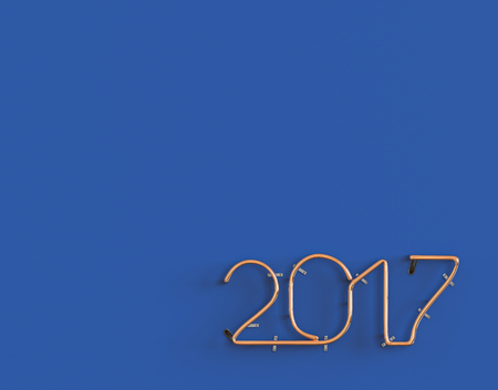 2017 metal neon text 3d illustration on blue background with copy spaceの写真素材