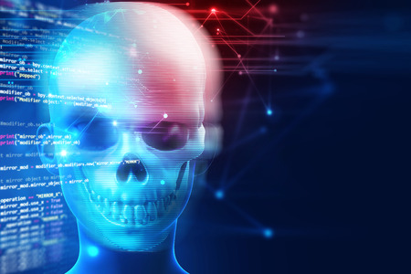 3d rendering of skull on technology background represent internet security and cyber criminalの写真素材
