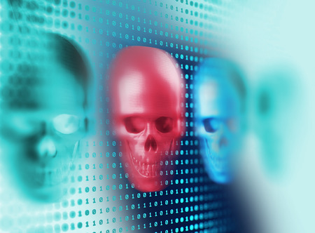 3d rendering of skull on technology background represent internet security and cyber criminalの写真素材