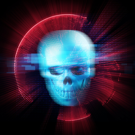 3d rendering of skull on technology background represent internet security and cyber criminalの写真素材