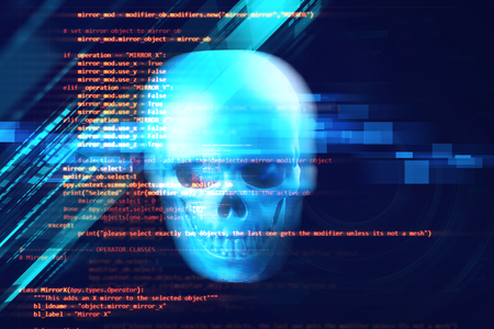 3d rendering of skull on technology background represent internet security and cyber criminalの写真素材