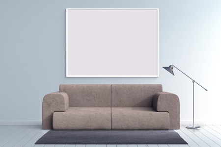 Mock up poster frame in blank room with black vintage sofa 3d illustrationの写真素材