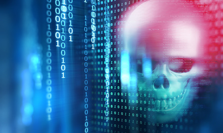 3d rendering of skull on technology background represent internet security and cyber criminalの写真素材