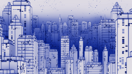 Retro futuristic skyscraper city wireframe photocopy  style 3d illustration. Digital landscape in a cyber world. の写真素材
